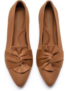Women's Brown Comfort Soft Knit Upper Foldable Bow Pointed Toe Ballet Flat Shoes